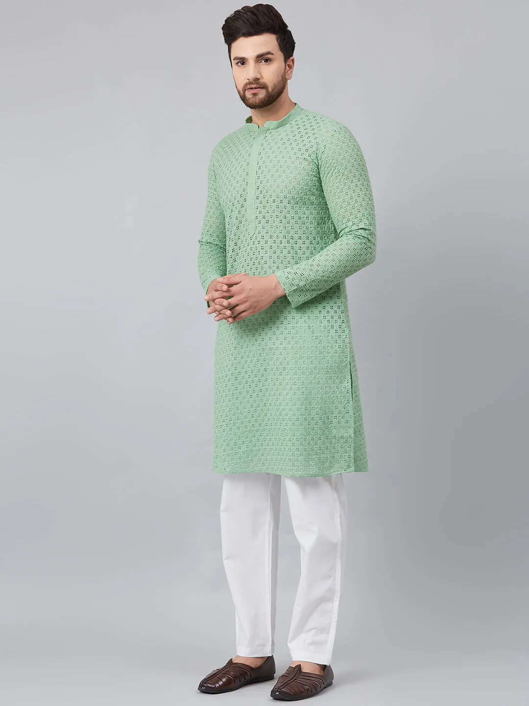 Men's Green Chikankari Embroidered Woven Design Straight Kurta With Pyjama - See Designs