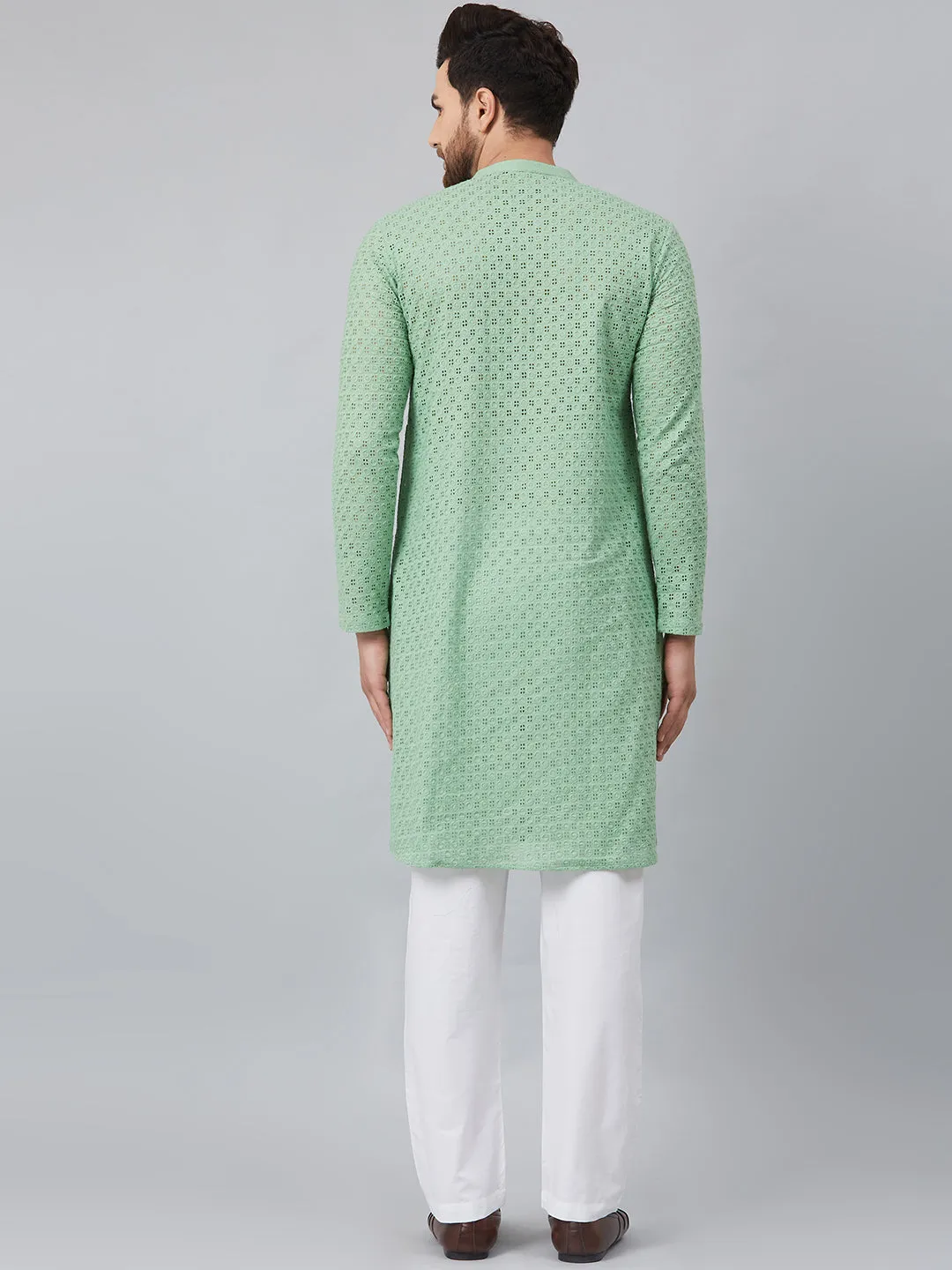 Men's Green Chikankari Embroidered Woven Design Straight Kurta With Pyjama - See Designs