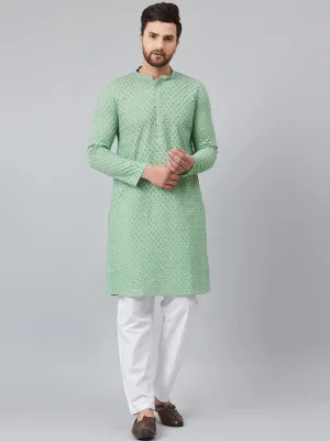 Men's Green Chikankari Embroidered Woven Design Straight Kurta With Pyjama - See Designs