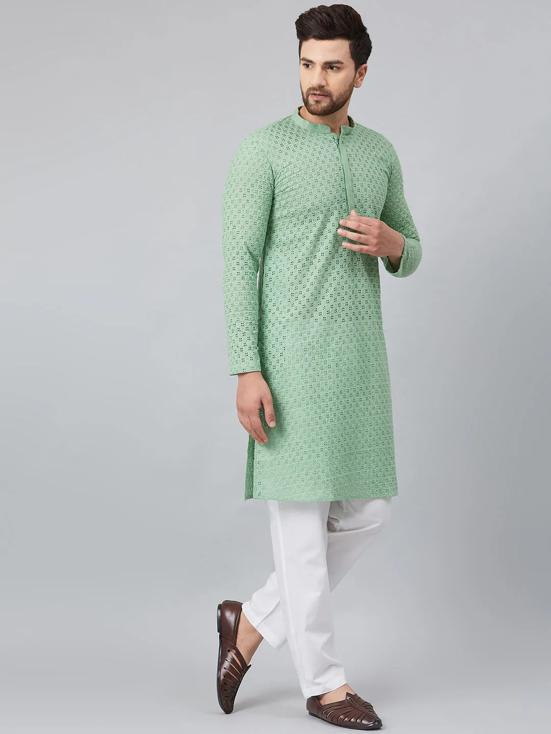 Men's Green Chikankari Embroidered Woven Design Straight Kurta With Pyjama - See Designs