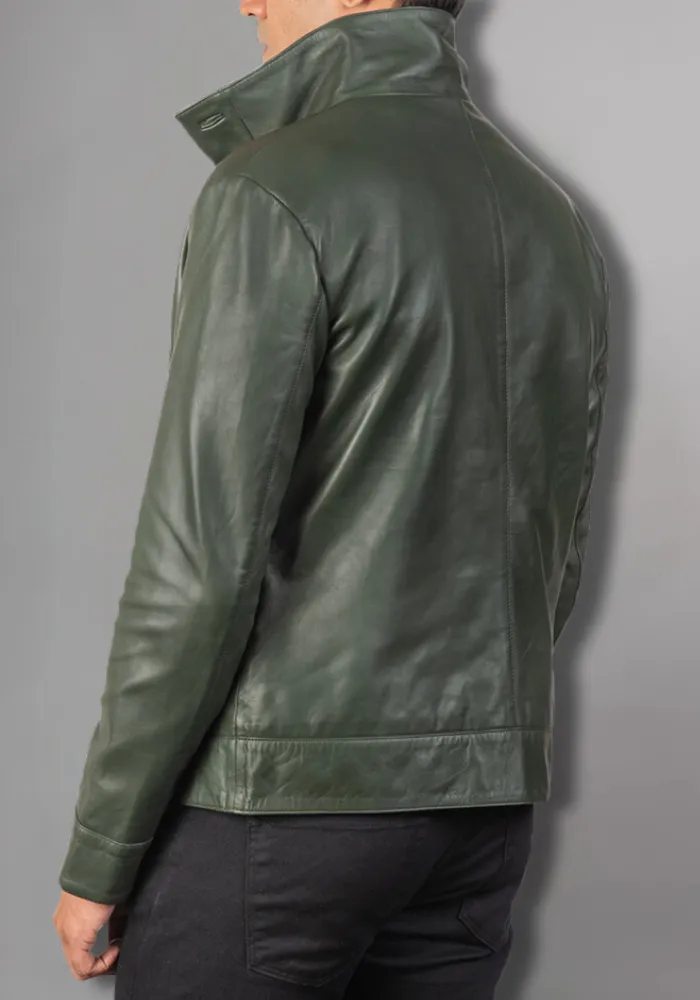 Men's Green Classic Motorcycle Genuine Leather Jacke Embossed Skull Bones