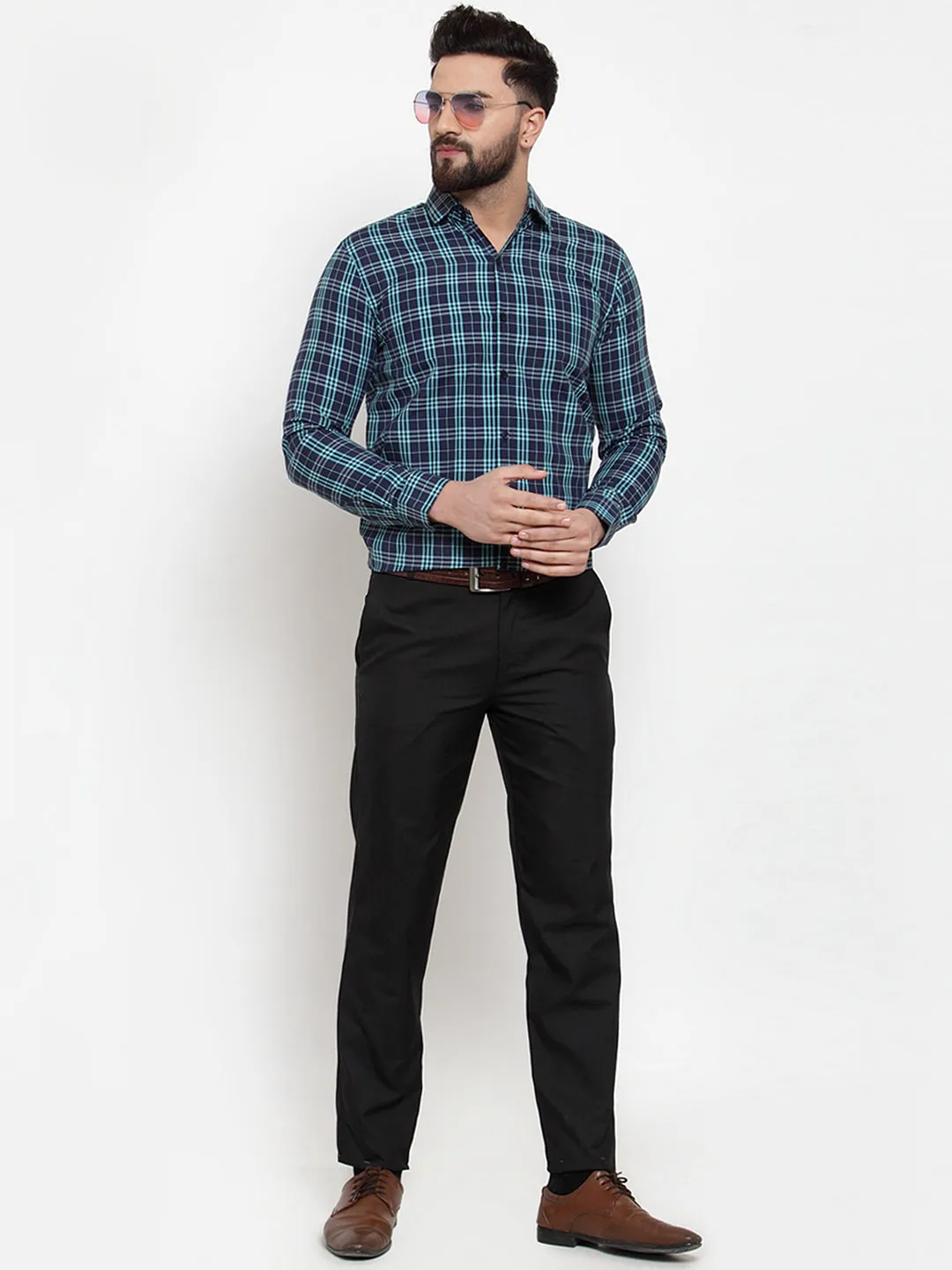 Men's Green Cotton Checked Formal Shirts ( SF 741Green ) - Jainish