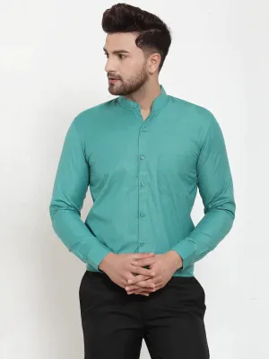 Men's Green Cotton Solid Mandarin Collar Formal Shirts - Taantav