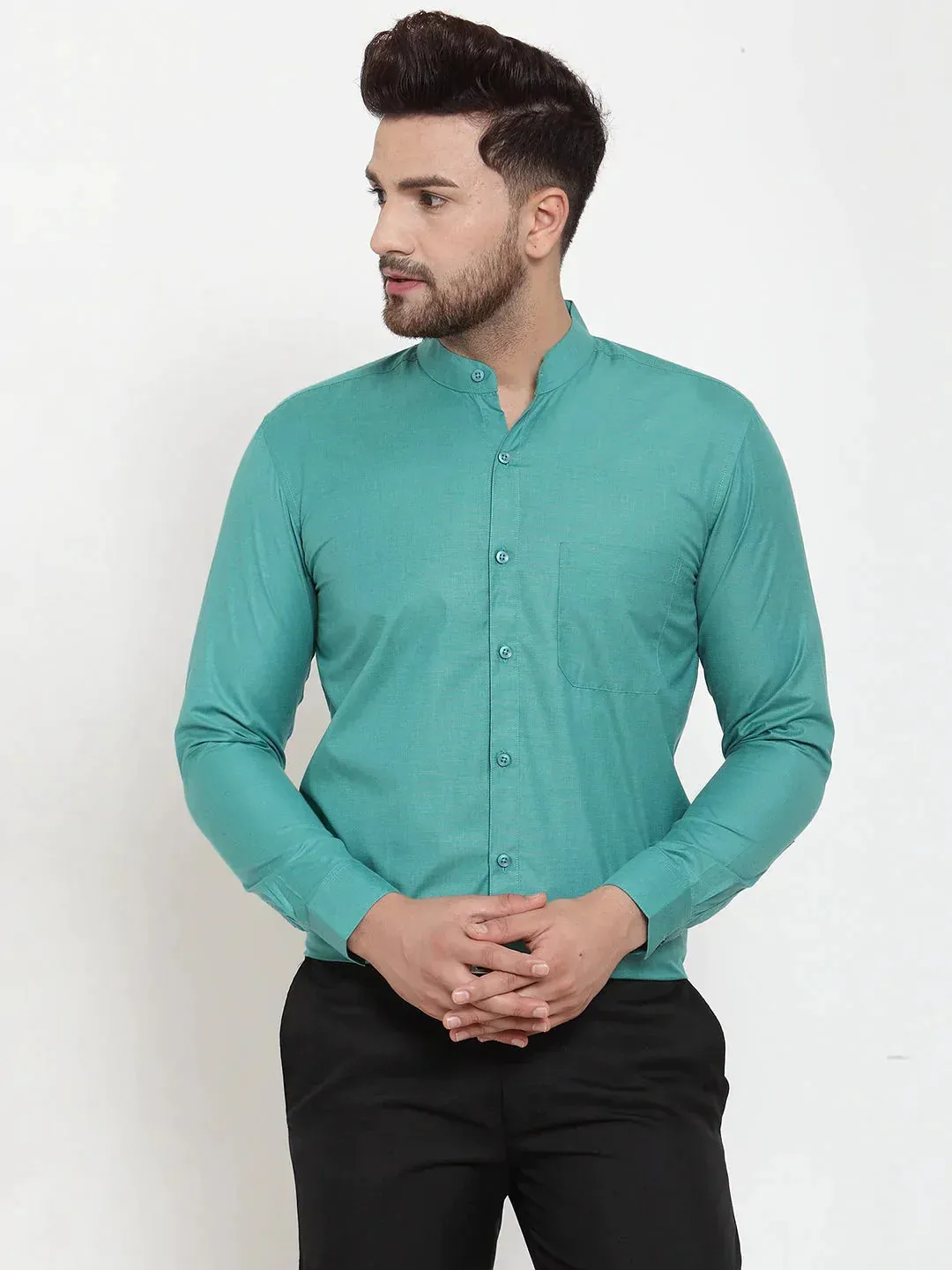 Men's Green Cotton Solid Mandarin Collar Formal Shirts - Taantav