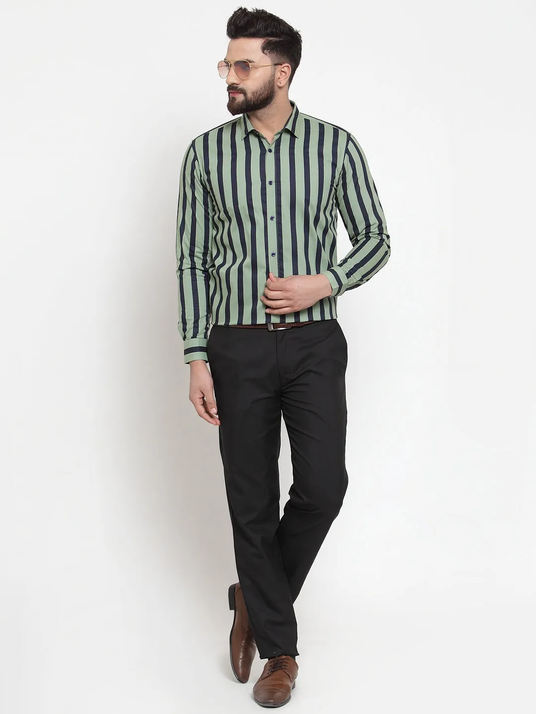 Men's Green Cotton Striped Formal Shirts ( SF 744Green ) - Jainish