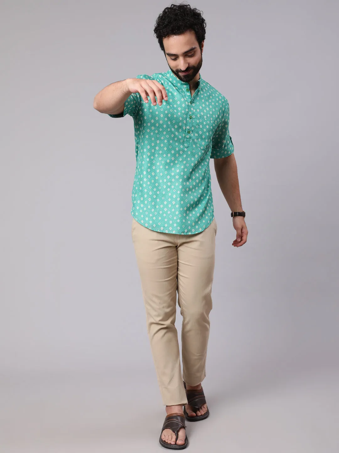 Men's Green Digital Print Short Kurta - Aks Men