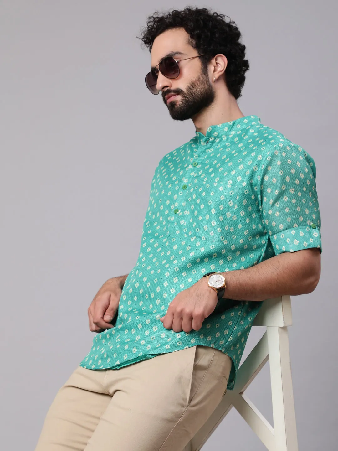 Men's Green Digital Print Short Kurta - Aks Men