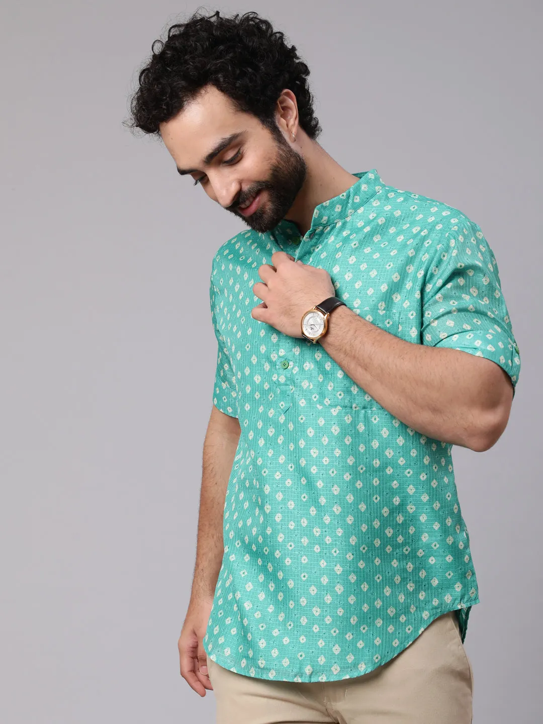 Men's Green Digital Print Short Kurta - Aks Men