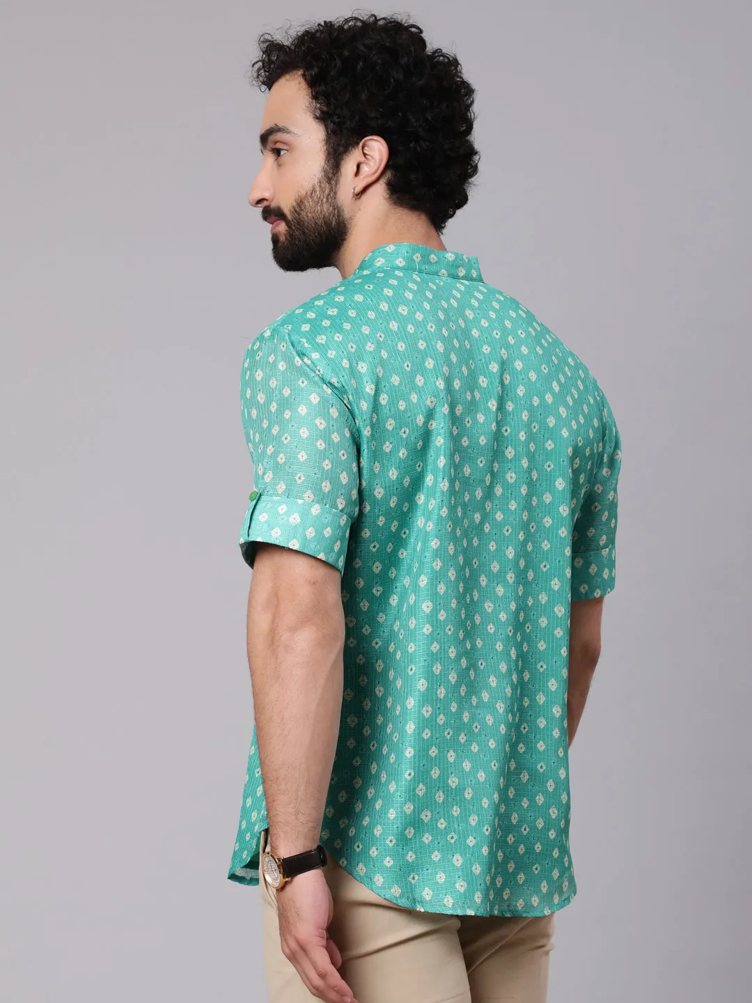 Men's Green Digital Print Short Kurta - Aks Men