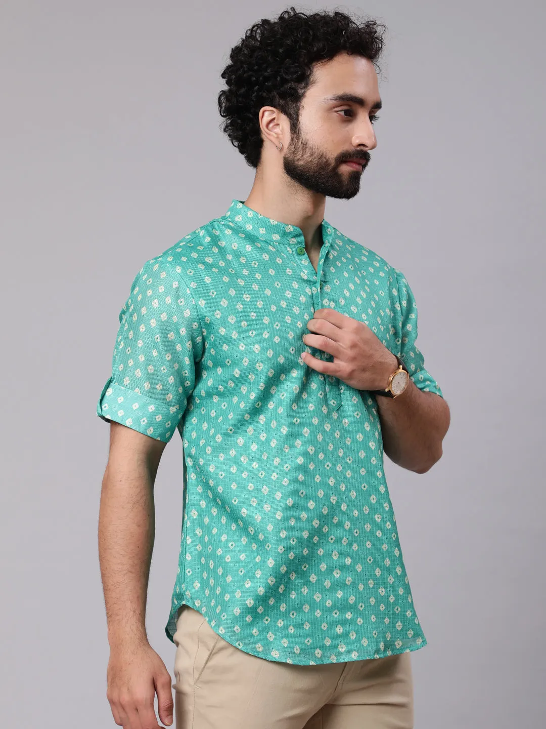 Men's Green Digital Print Short Kurta - Aks Men