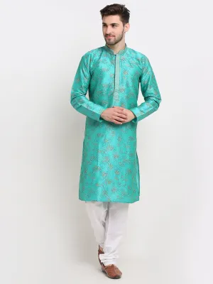 Men's Green Dupion Printed Kurta Payjama Sets ( JOKP 644 Green ) - Virat Fashions