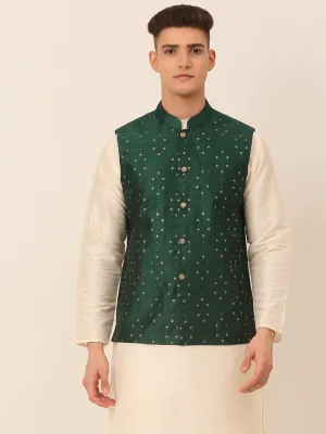 Men's Green Embroidered Woven Nehru Jackets ( Jowc 4044 Green ) - Virat Fashions