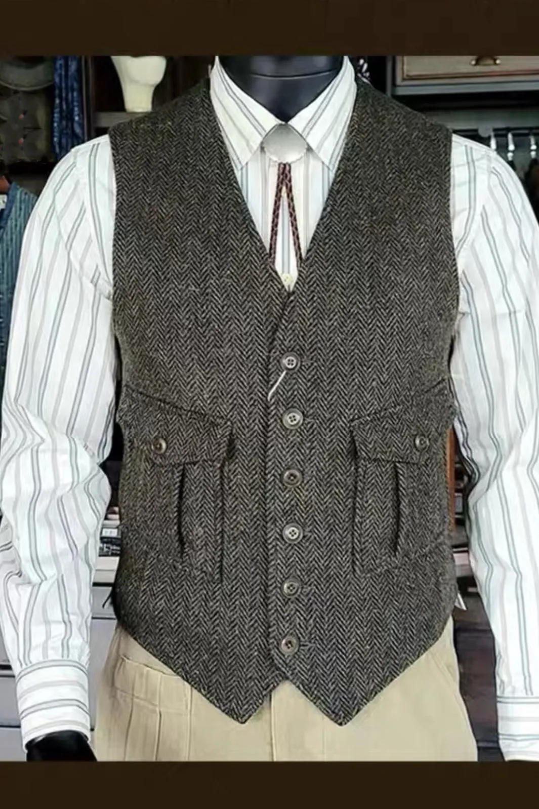 Men's Green Herringbone Tweed Vest