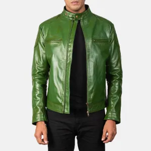 Mens Green Leather Biker Jacket