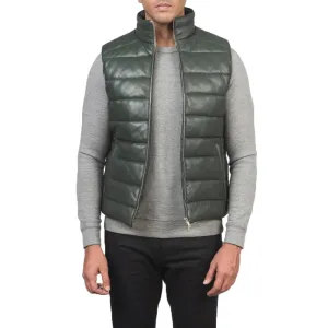 Mens Green Leather Puffer Vest