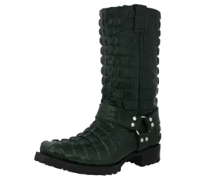 Mens Green Motorcycle Boots Crocodile Tail Print - Square Toe