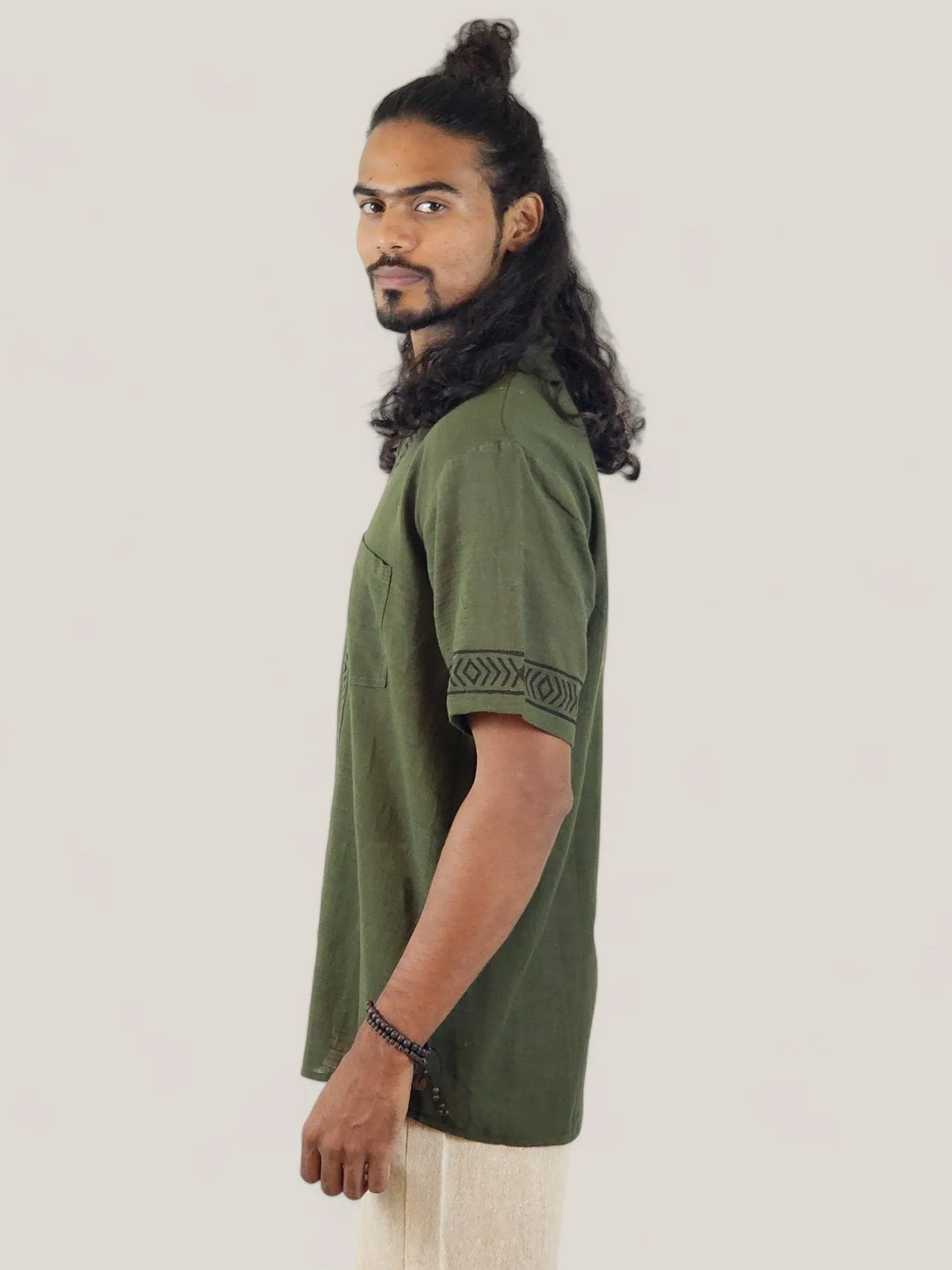 Men's Green Organic Linen Short Sleeve Block-Printed Button-Down Shirt