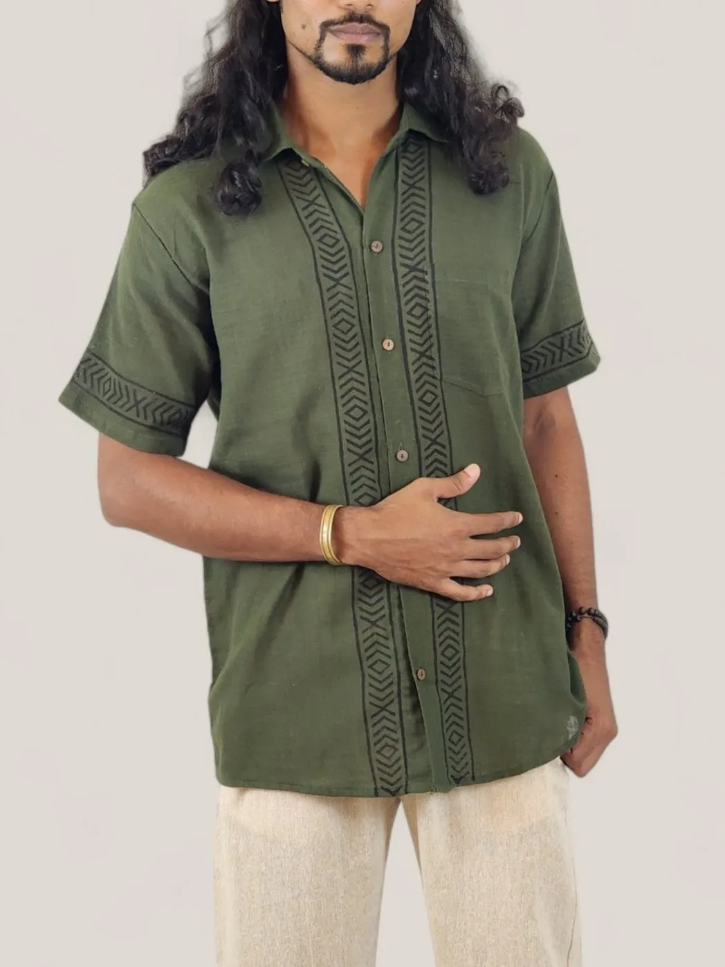 Men's Green Organic Linen Short Sleeve Block-Printed Button-Down Shirt