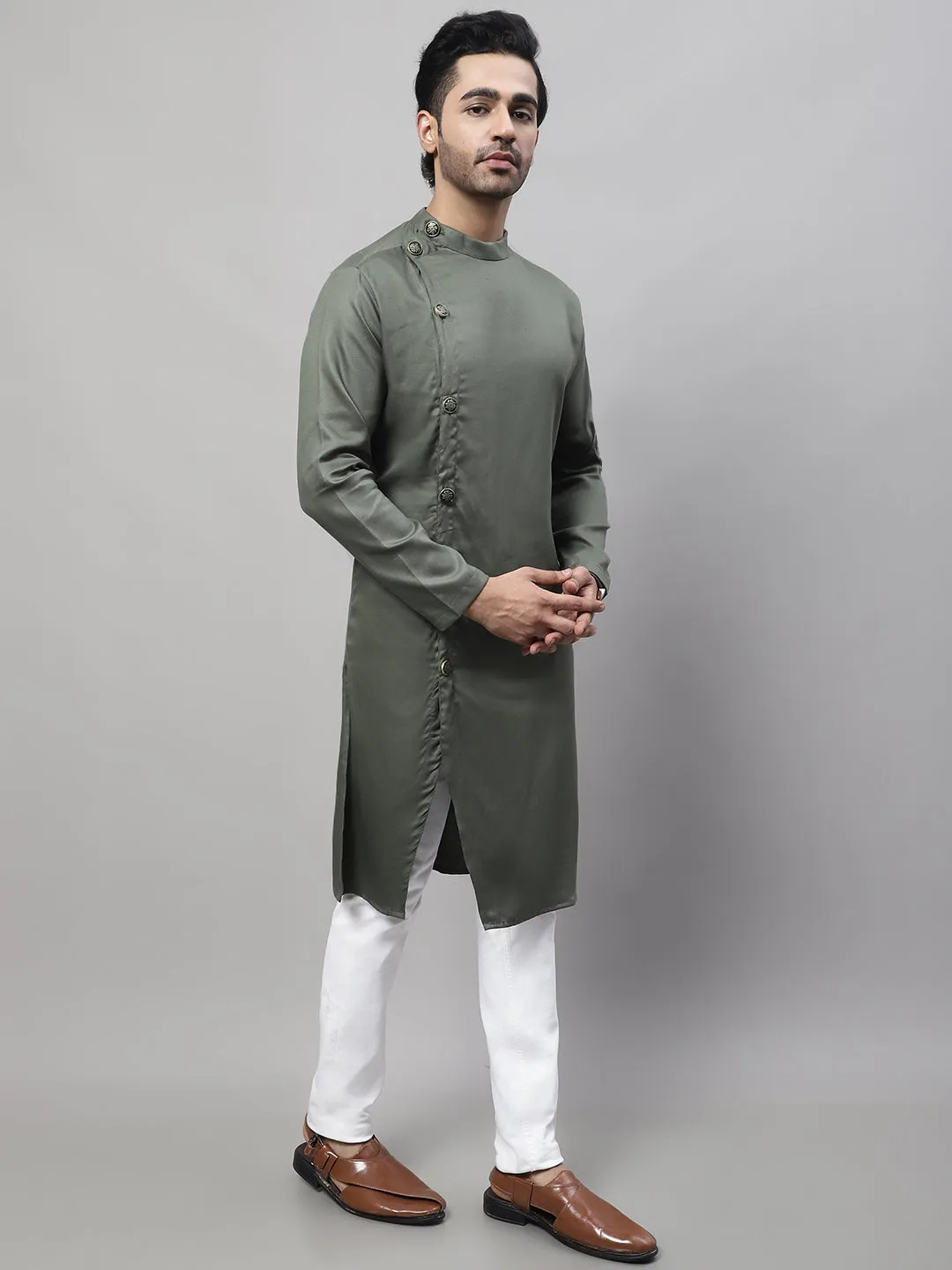 Men's Green Sherwani Kurta With Asymetrical Cut - Even Apparels