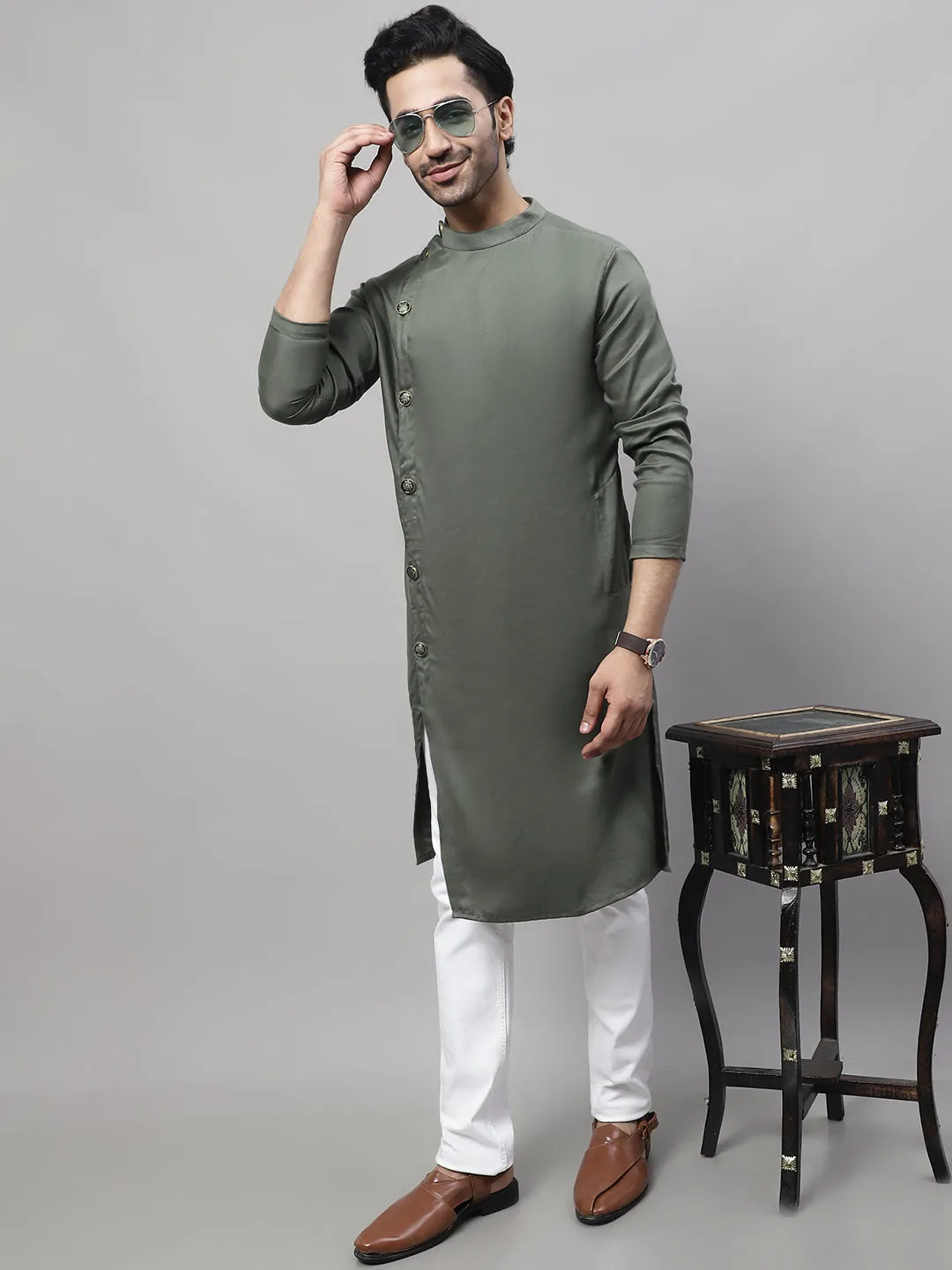 Men's Green Sherwani Kurta With Asymetrical Cut - Even Apparels