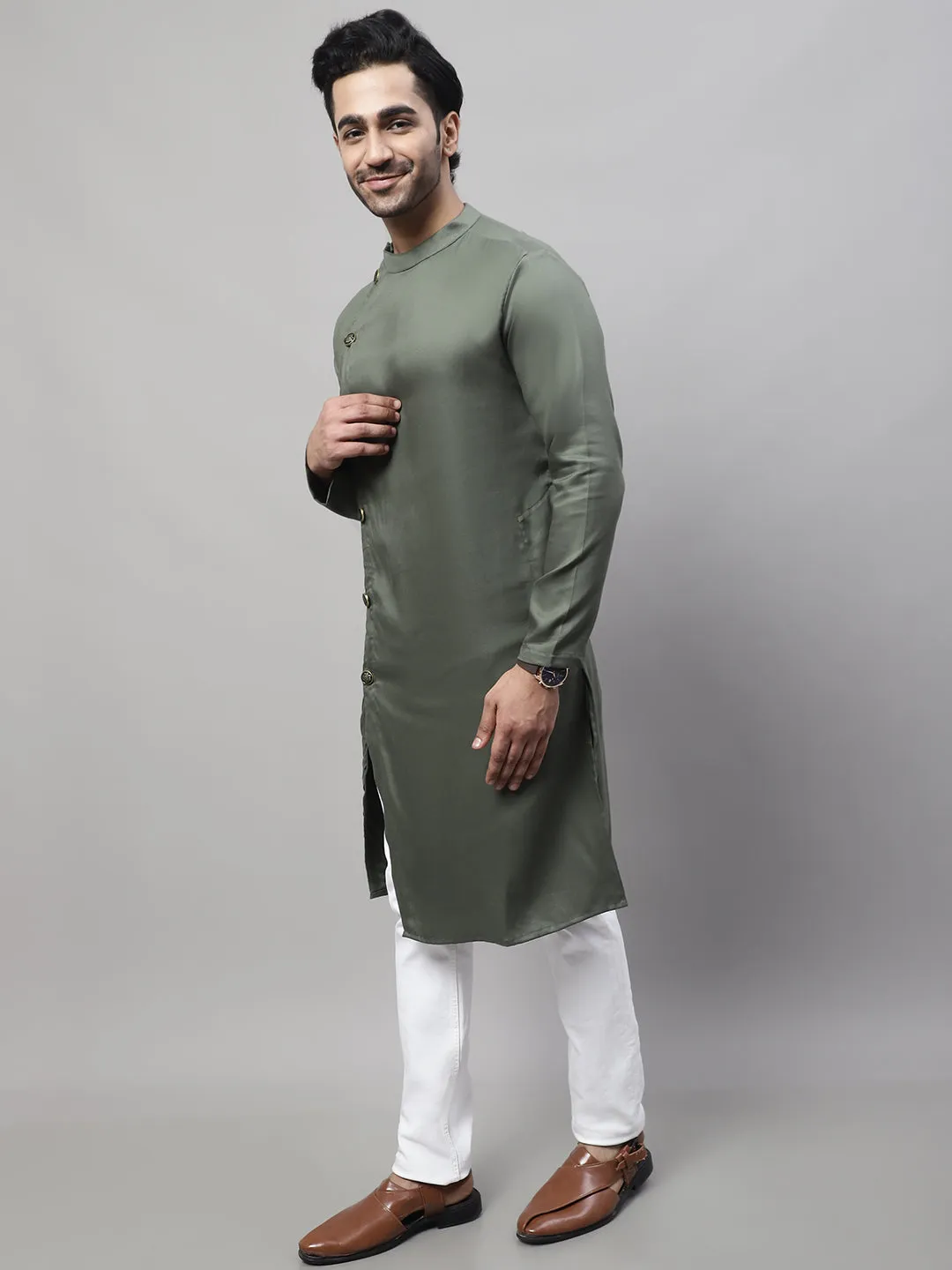 Men's Green Sherwani Kurta With Asymetrical Cut - Even Apparels