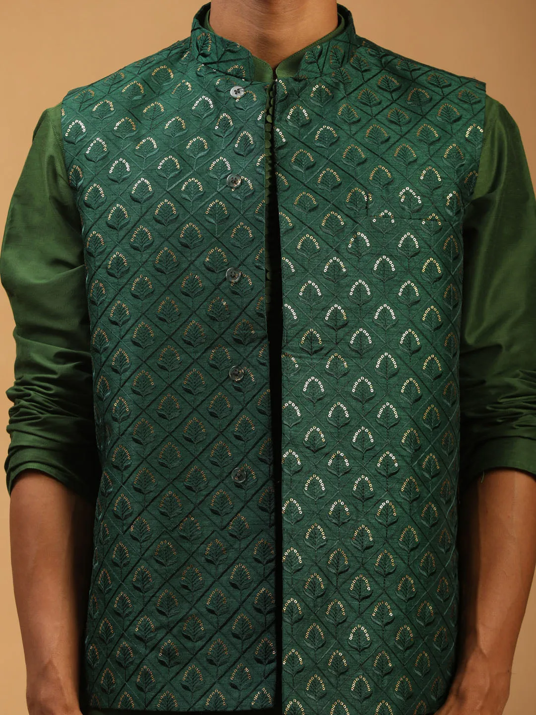 Men's Green Silk Blend Jacket, Kurta & Pyjama - Shrestha By Vastramay