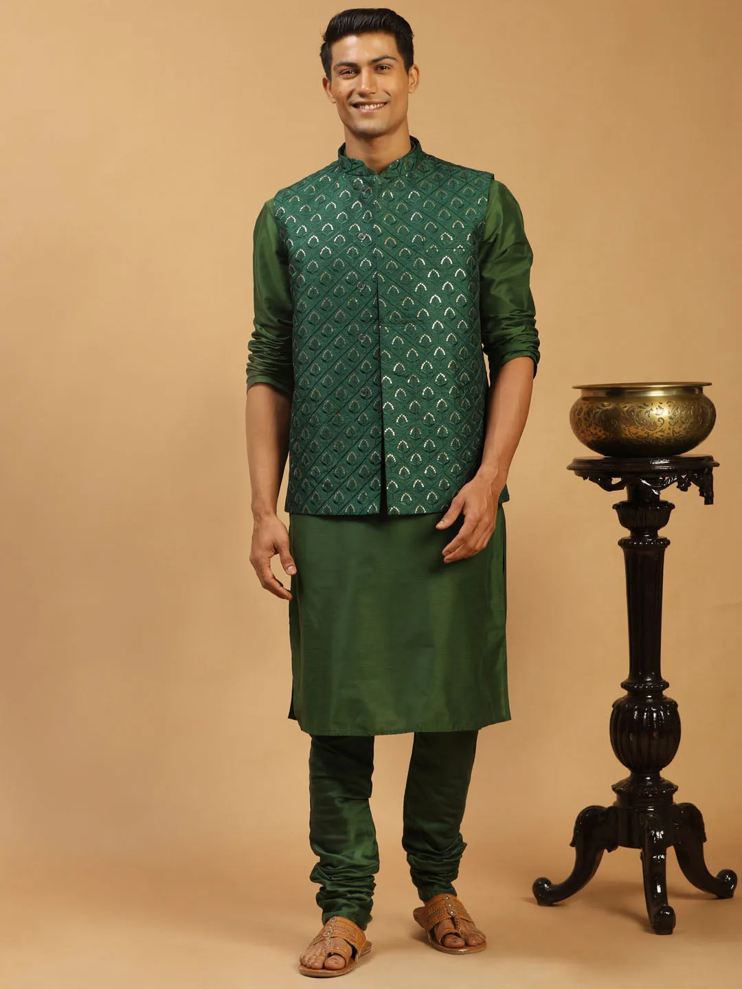 Men's Green Silk Blend Jacket, Kurta & Pyjama - Shrestha By Vastramay