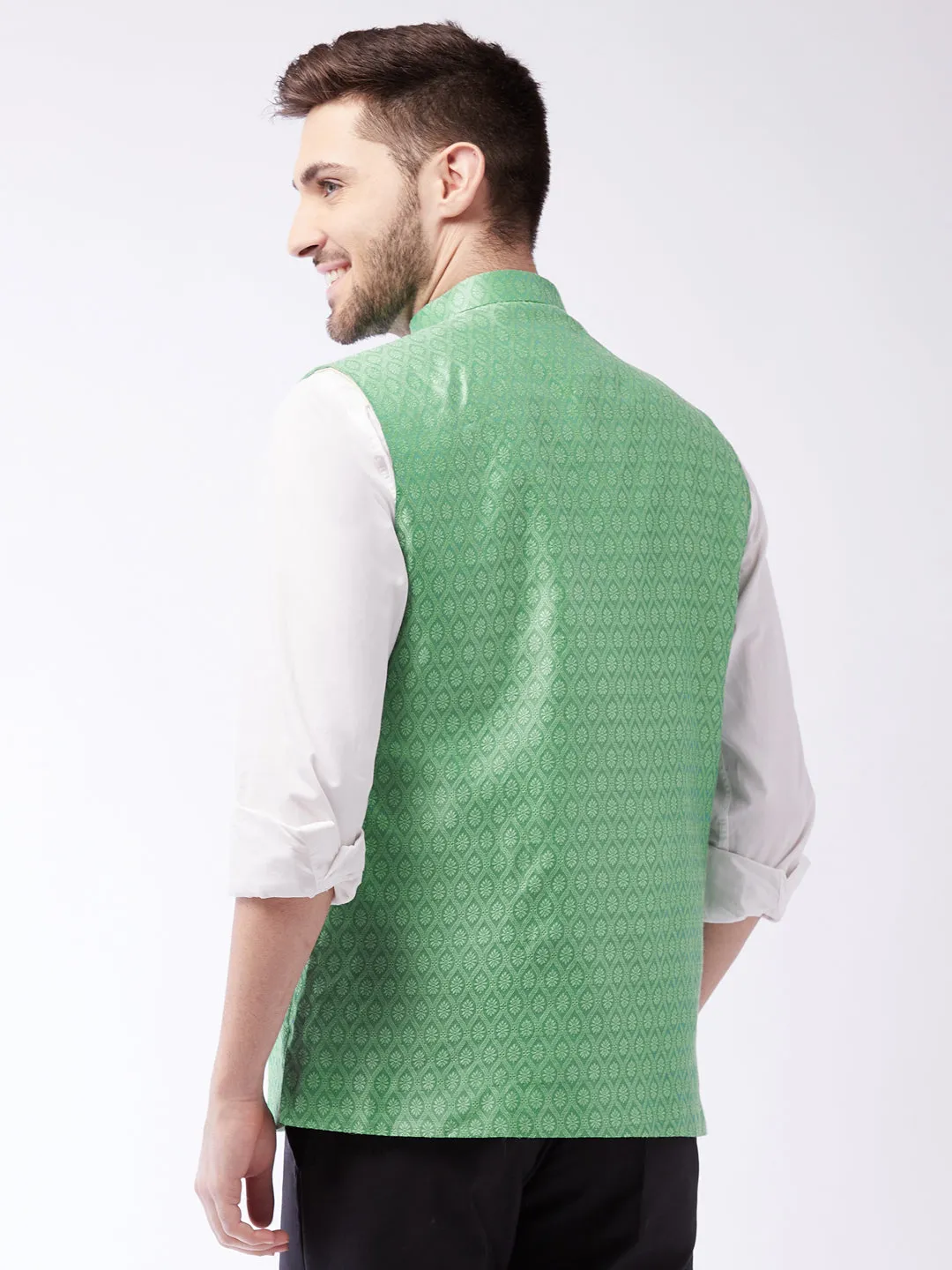 Men's Green Silk Blend Nehru Jackets - Vastramay