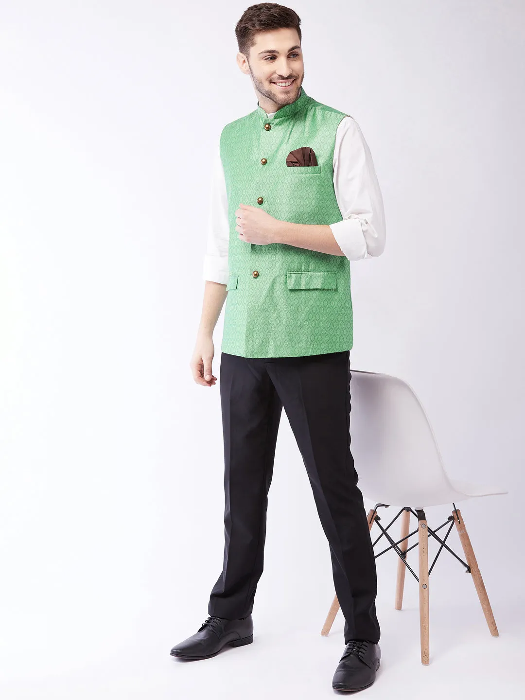 Men's Green Silk Blend Nehru Jackets - Vastramay