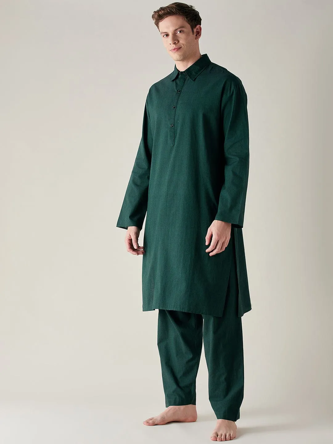 Mens Green Slub Cotton Pathani Kurta and Pyjama Set