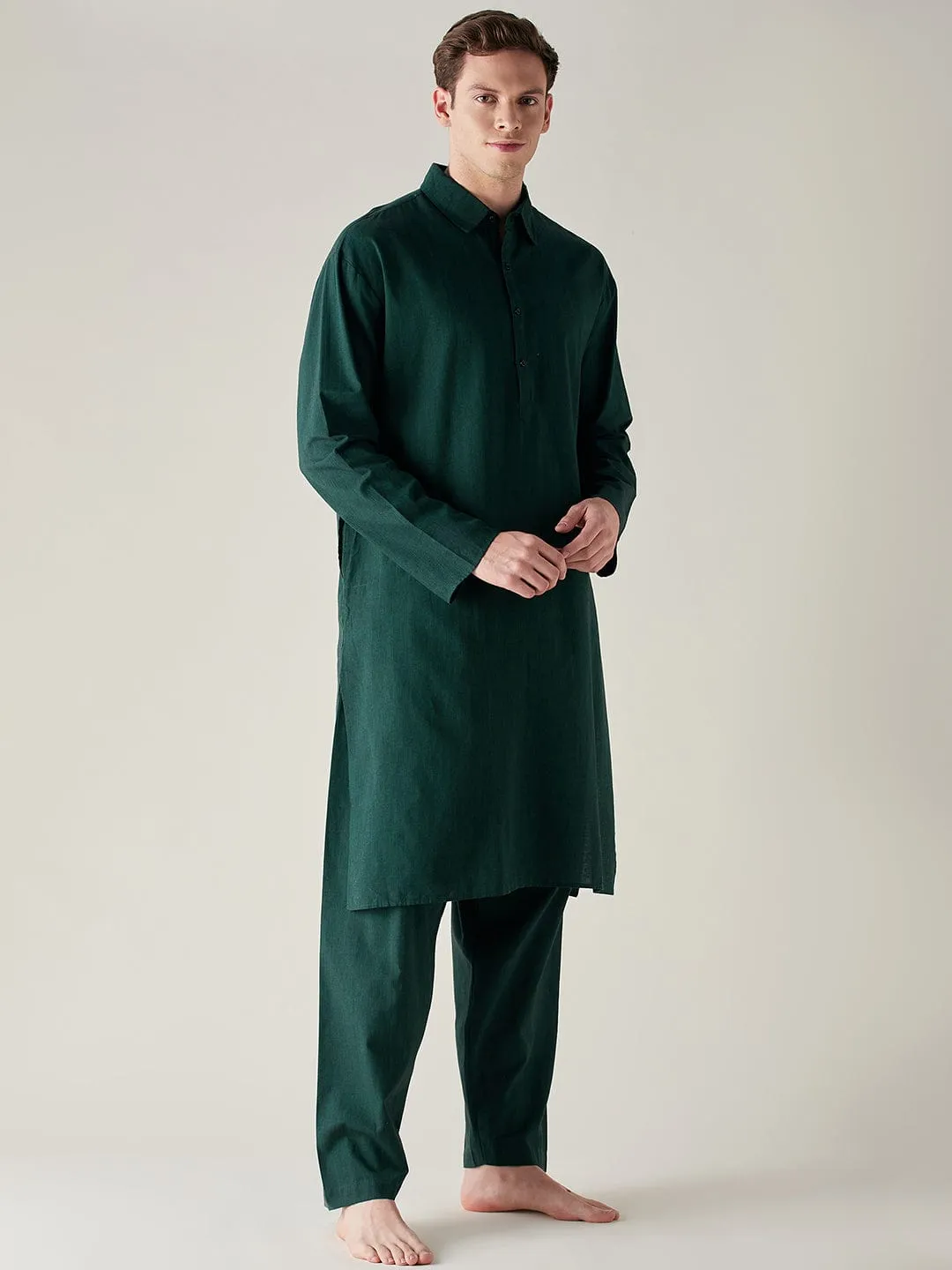 Mens Green Slub Cotton Pathani Kurta and Pyjama Set