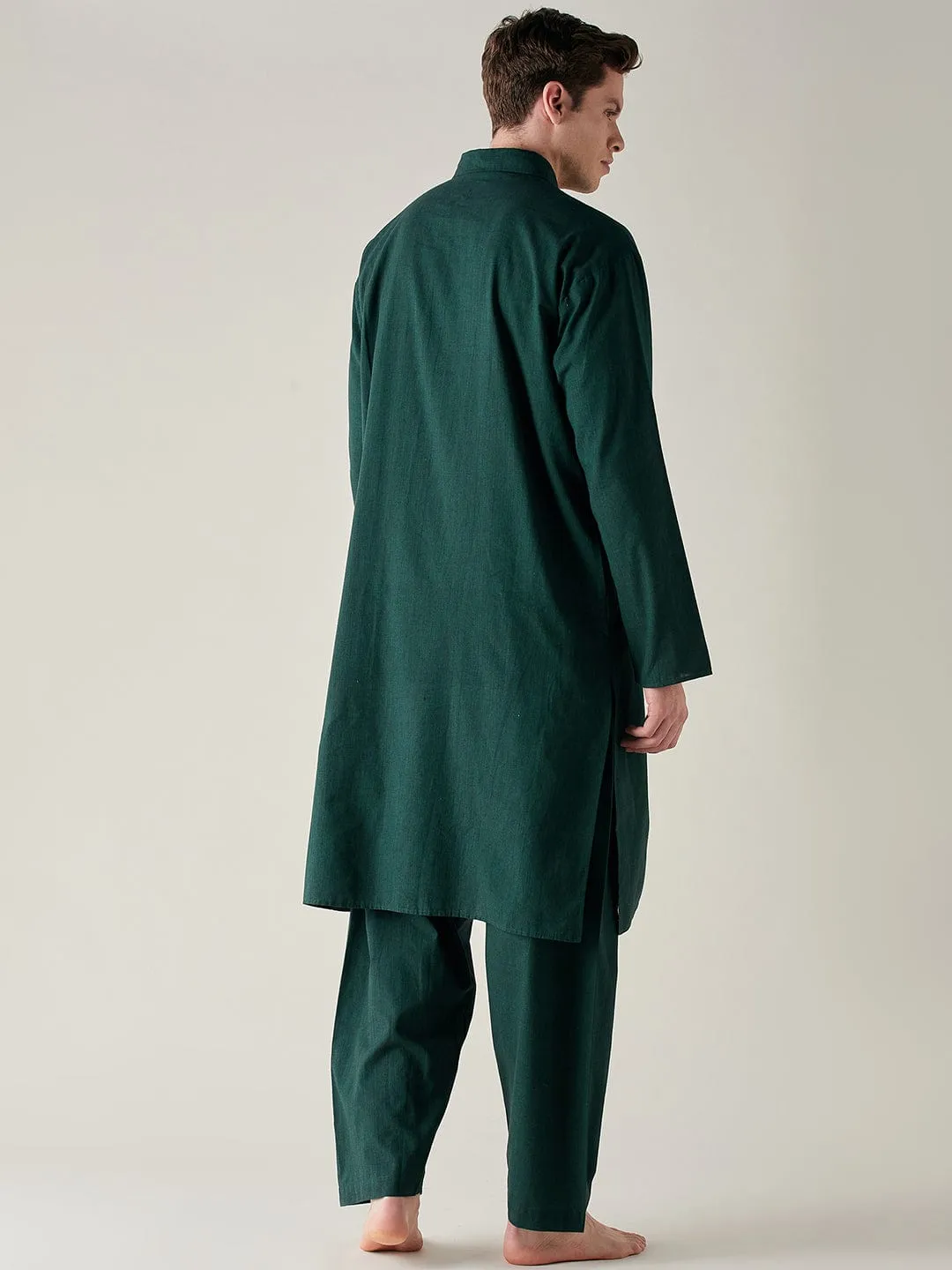 Mens Green Slub Cotton Pathani Kurta and Pyjama Set