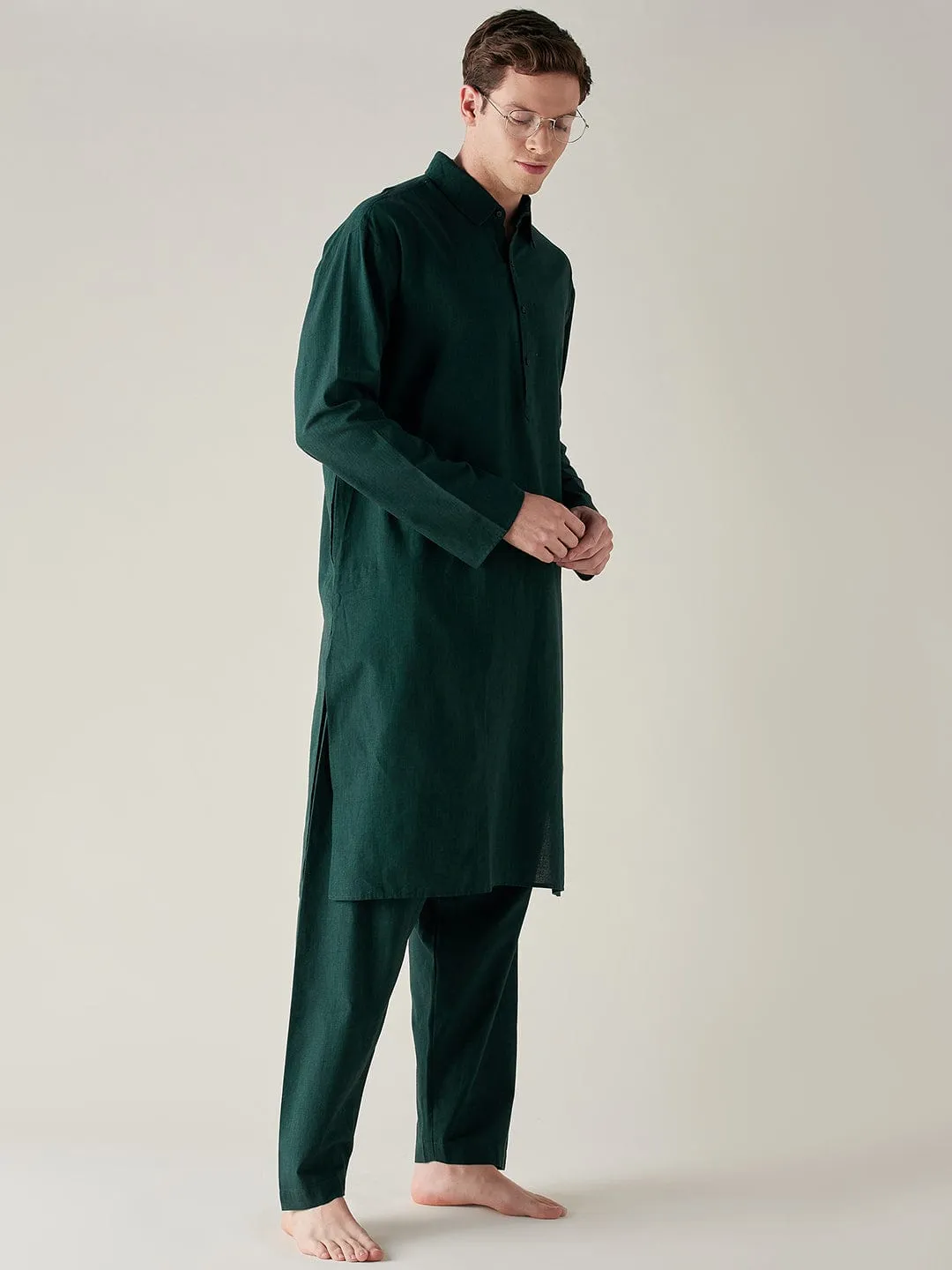 Mens Green Slub Cotton Pathani Kurta and Pyjama Set