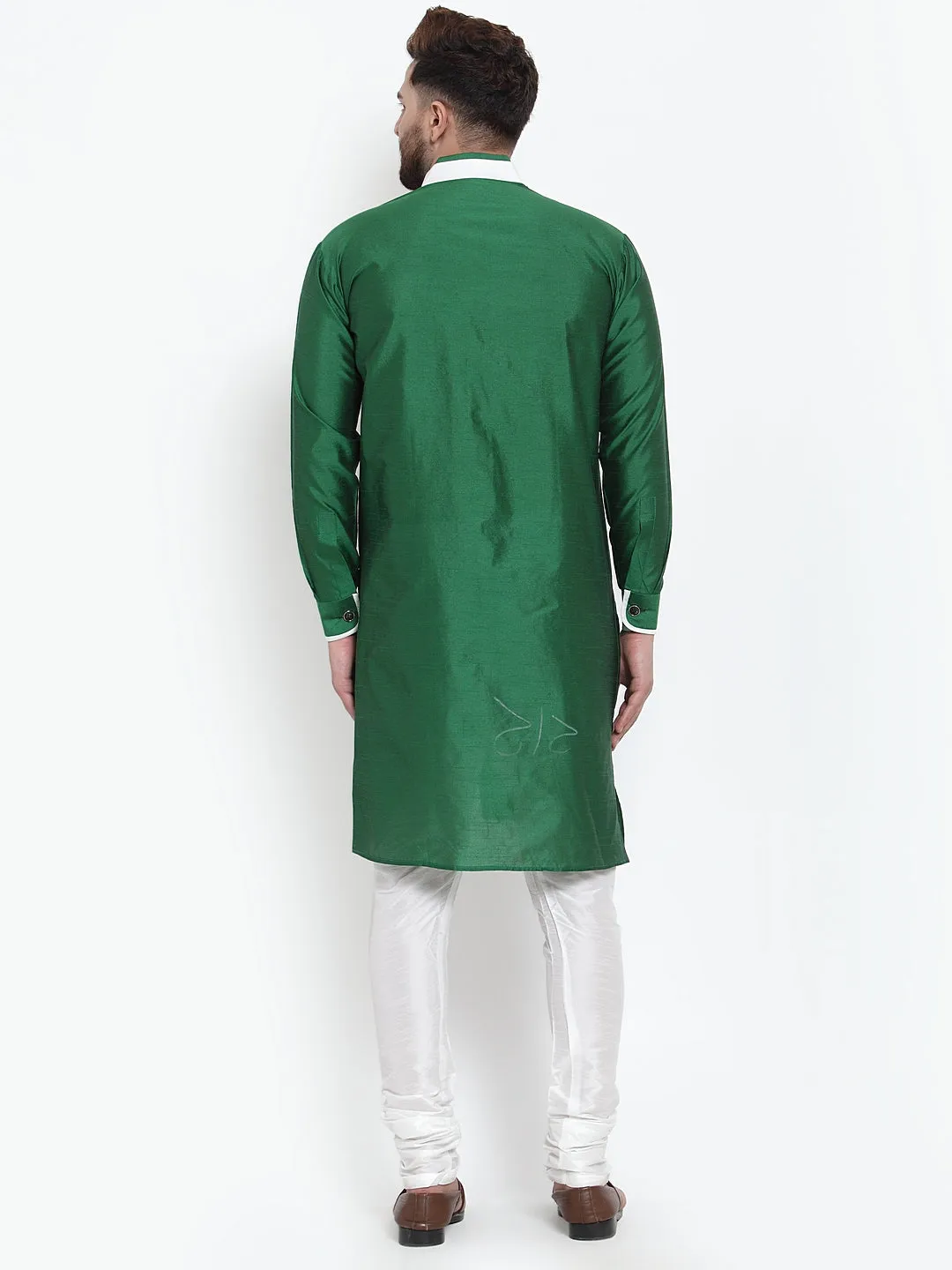 Men's Green Solid Kurta With White Churidaar Pyjama Set - Benstoke