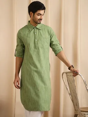 Men's Green Striped Slim Fit Long Kurta - Aks Men