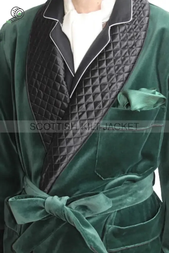 Men's Green Velvet Quilted Dinner Coat Robe for Evening and Dinner