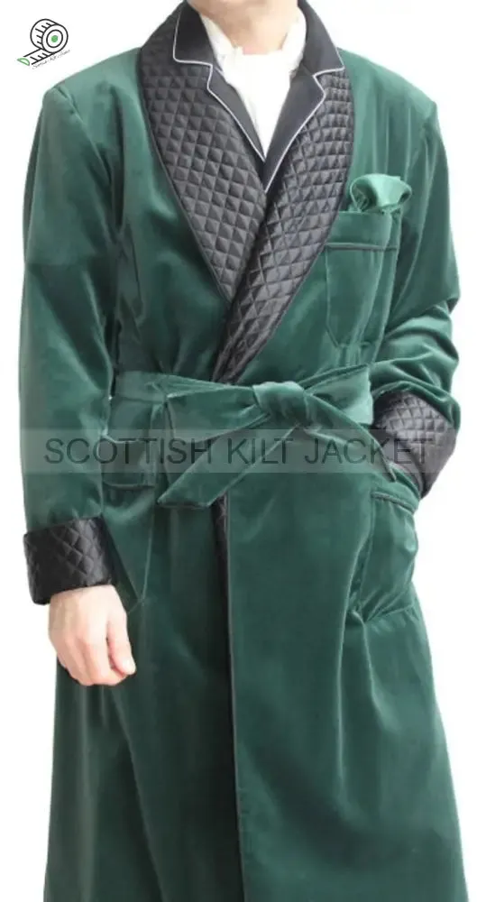 Men's Green Velvet Quilted Dinner Coat Robe for Evening and Dinner