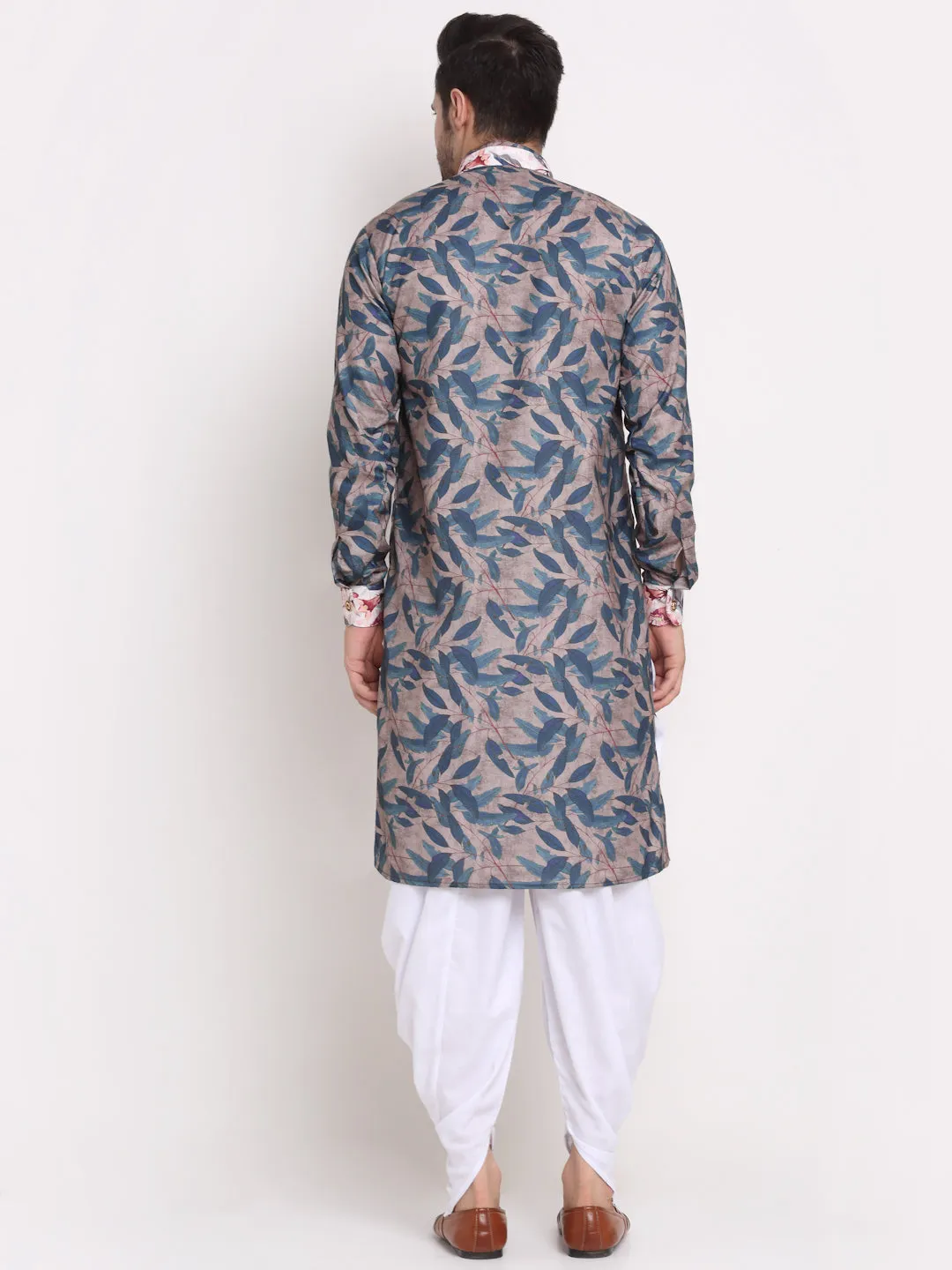 Men's Grey & Navy Printed Kurta With White Dhoti Pant - Benstoke