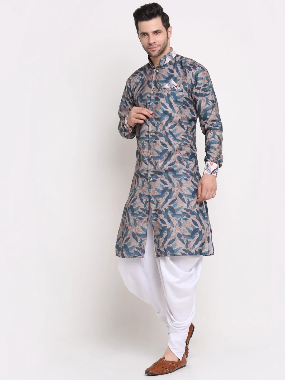 Men's Grey & Navy Printed Kurta With White Dhoti Pant - Benstoke