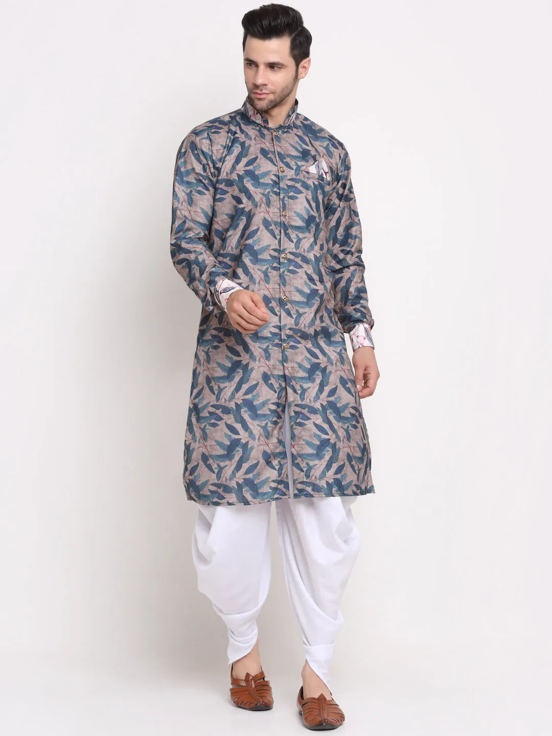 Men's Grey & Navy Printed Kurta With White Dhoti Pant - Benstoke