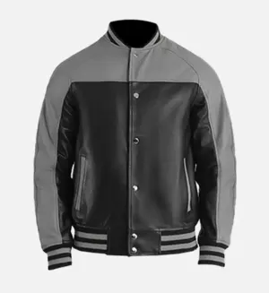 Men’s Grey Black Leather Varsity Jacket