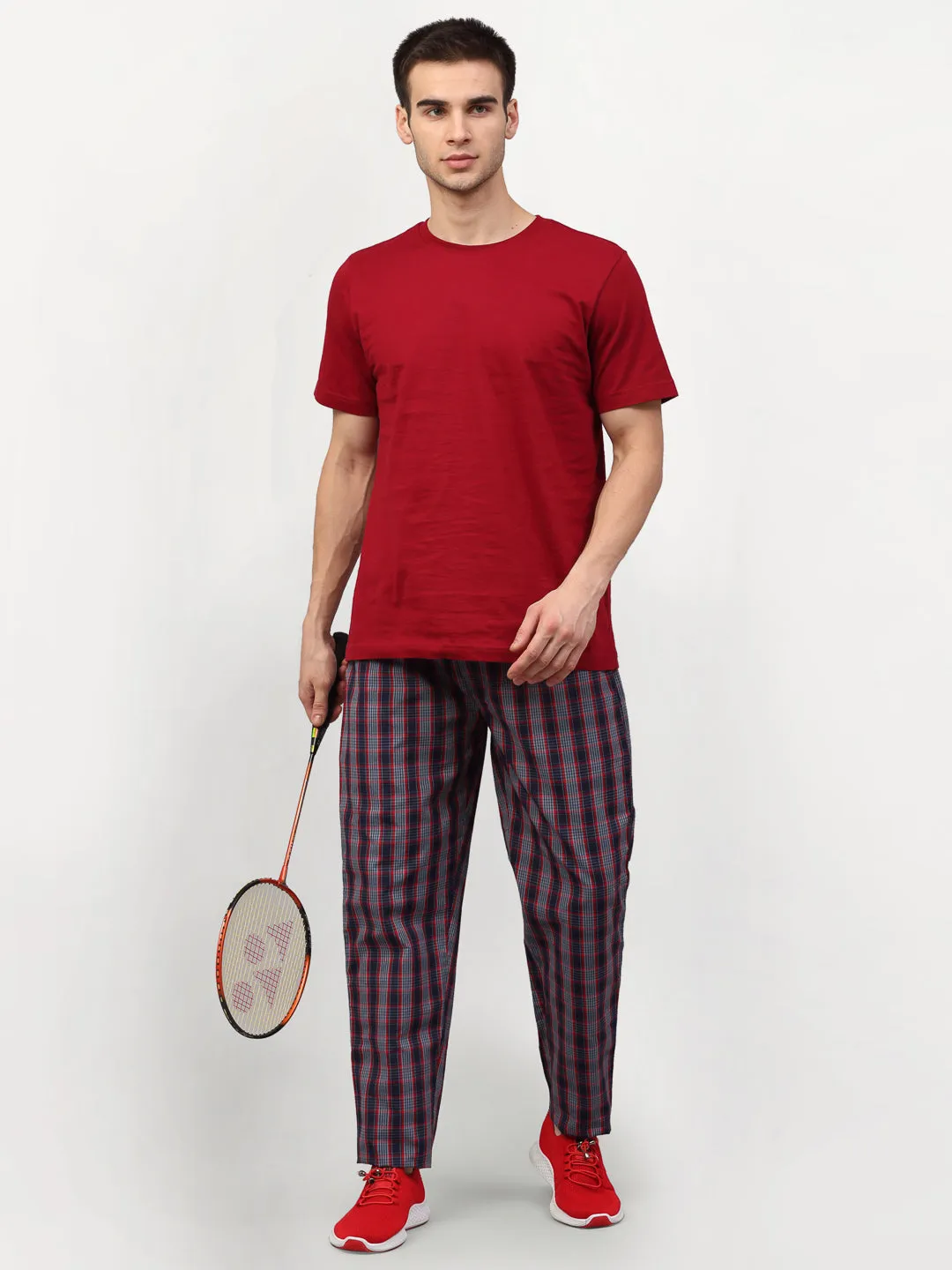 Men's Grey Cotton Checked Track Pants ( JOG 019Grey-Red ) - Jainish