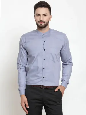 Men's Grey Cotton Solid Mandarin Collar Formal Shirts - Taantav