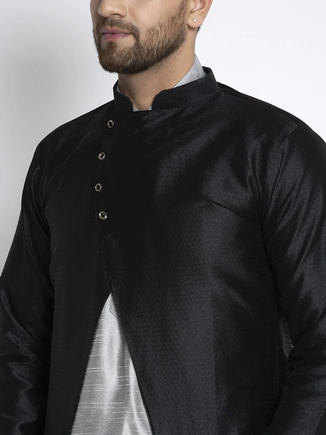 Men's Grey Kurta With Pyjama & Black Self Design Jacket - Benstoke