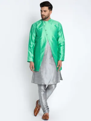 Men's Grey Kurta With Pyjama & Sea Green Self Design Jacket - Benstoke