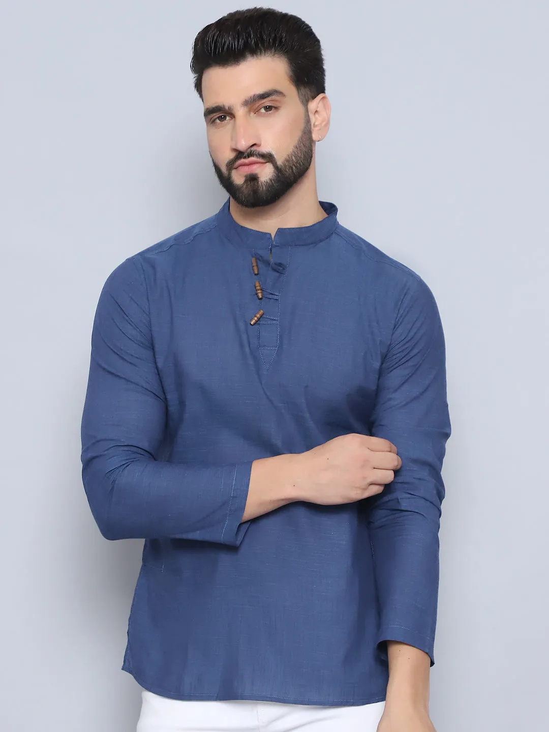 Men's Grey Pure Cotton Loop Wooden Button Kurta - Even Apparels