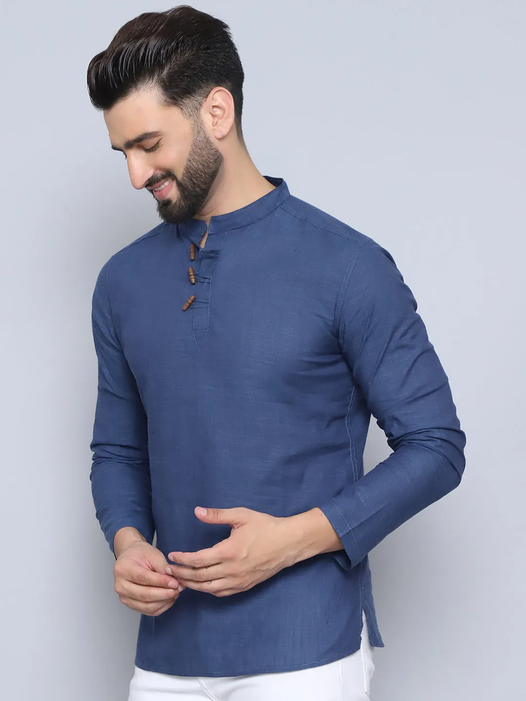 Men's Grey Pure Cotton Loop Wooden Button Kurta - Even Apparels