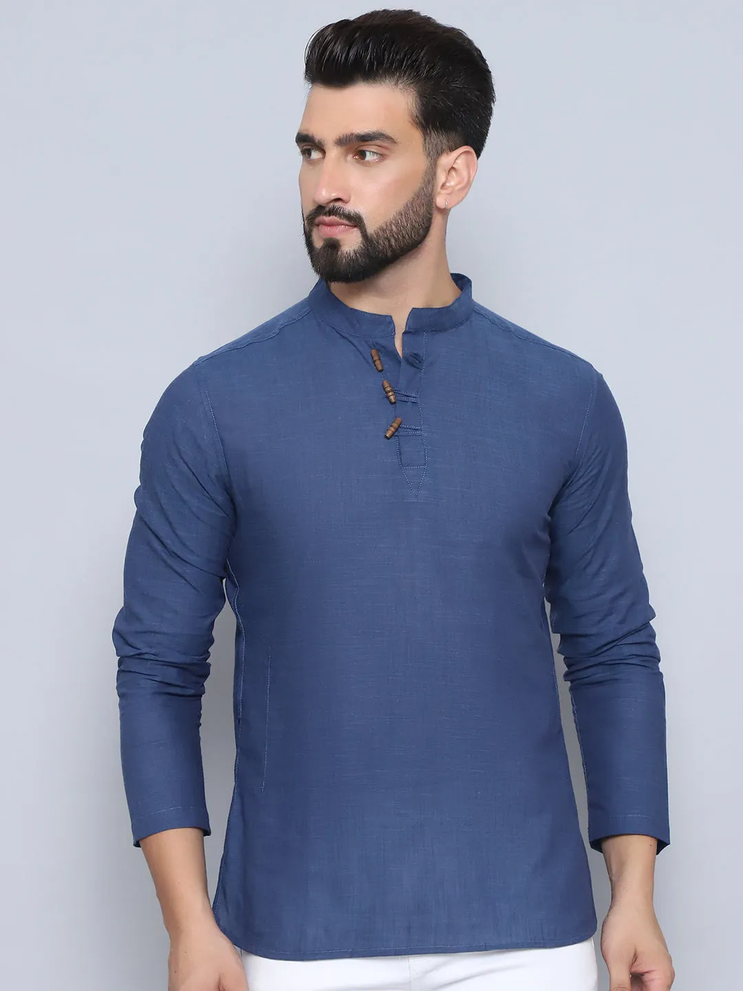 Men's Grey Pure Cotton Loop Wooden Button Kurta - Even Apparels