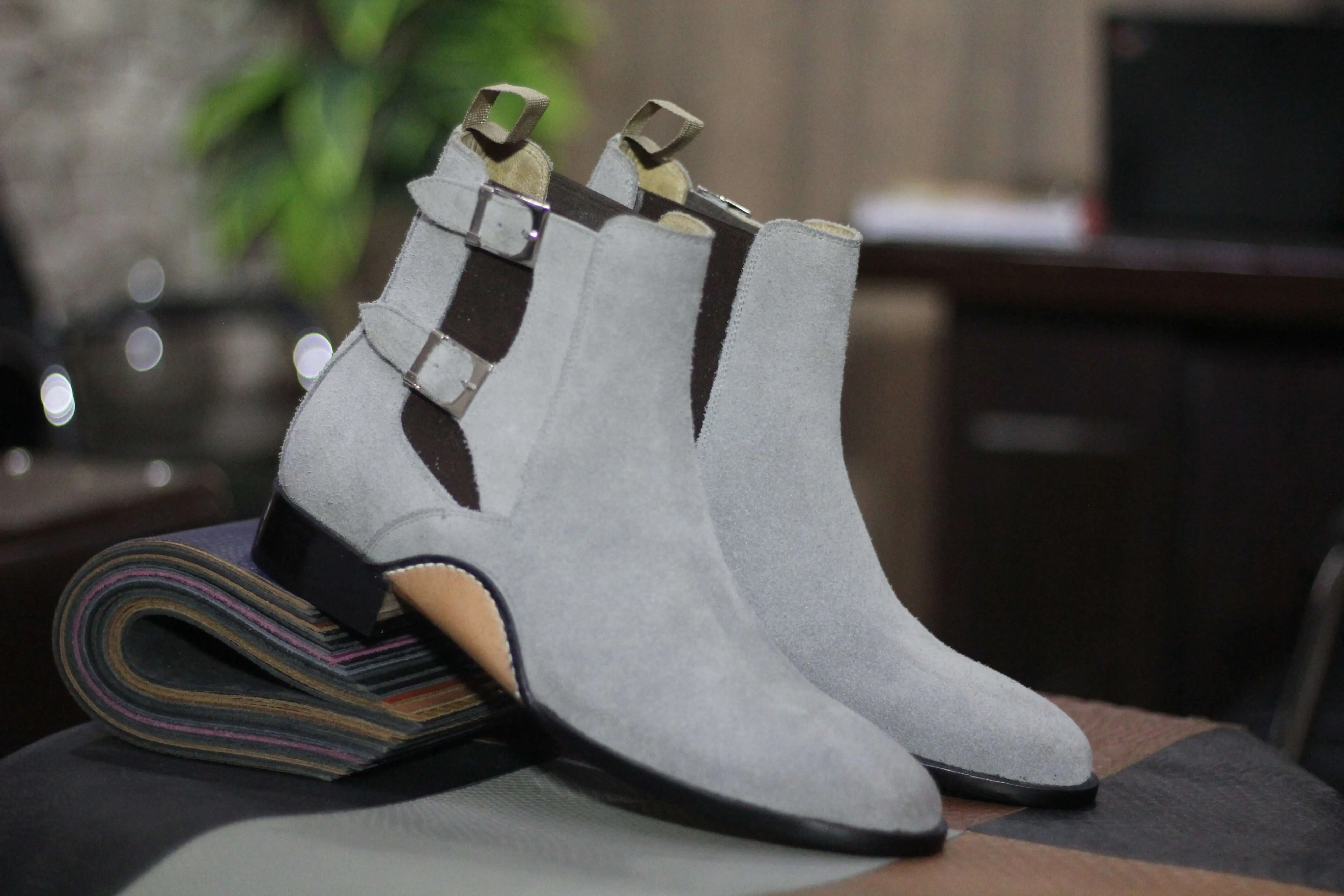 Men's Handmade Grey Suede Boot, Double Buckle Style Classic Boot