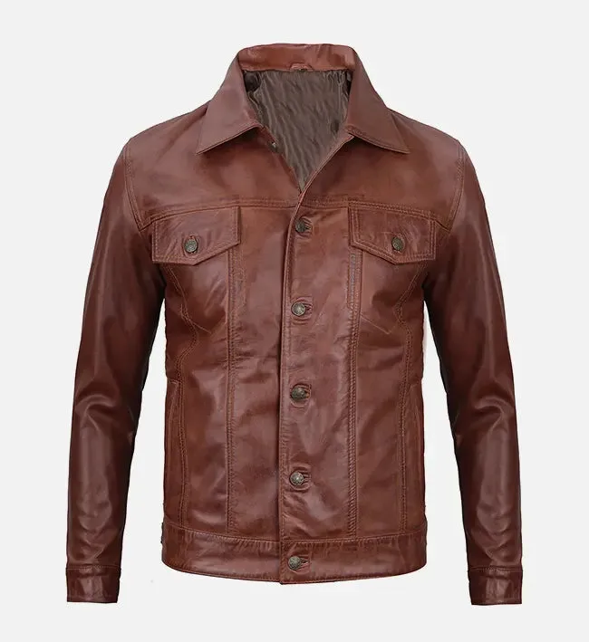 Men's Harrington Brown Leather Trucker Jacket